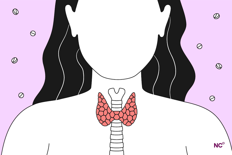 Illustration of the thyroid gland with birth control pills in the background