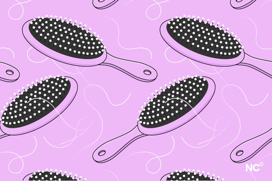 Illustratrion of hair brushes with loose hairs on a purple background