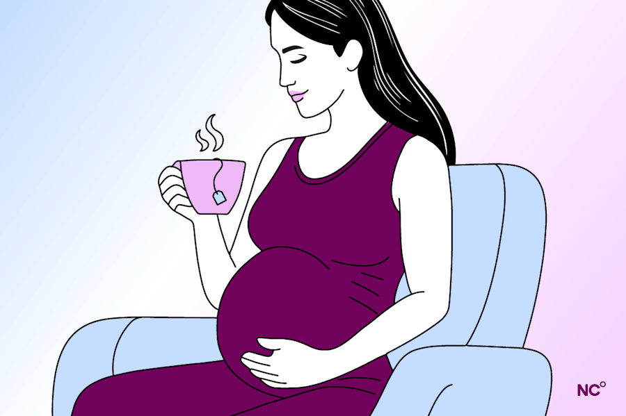 Illustration of a pregnant person holding their bump while sitting down and enjoying a cup of tea