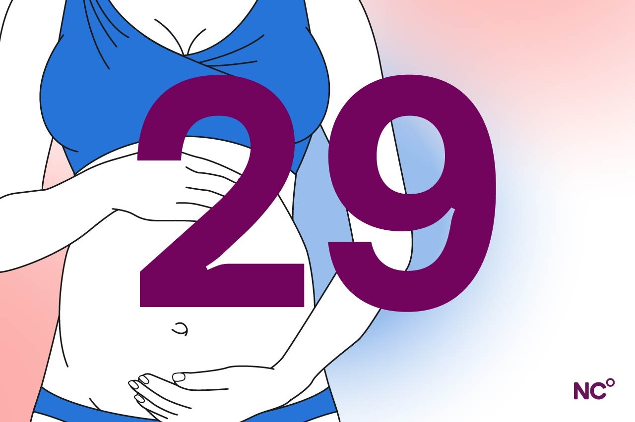 Illustration of a woman holding her pregnant belly with the number 29 next to it