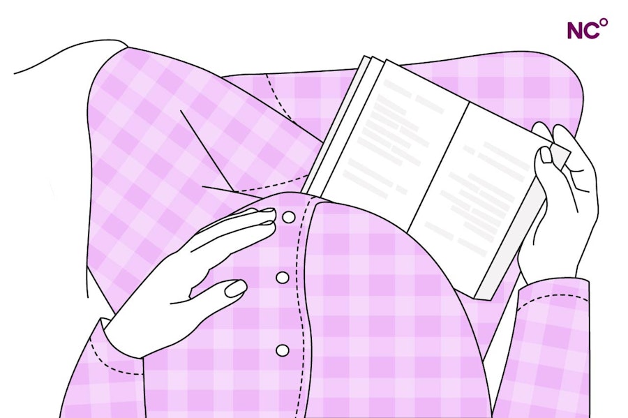 Illustration of a pregnant woman's belly as she sits reading a book