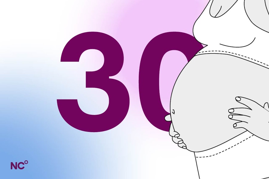 Illustration of a person holding her pregnant belly next to the number 30