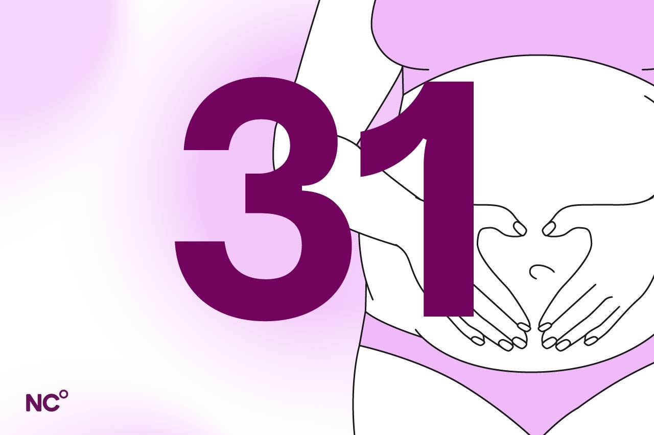 Illustration of pregnant person holding their belly with the digits 31