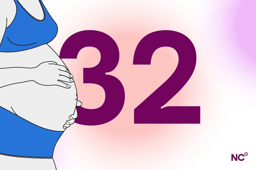 illustration of person holding her pregnant belly next to the number 32