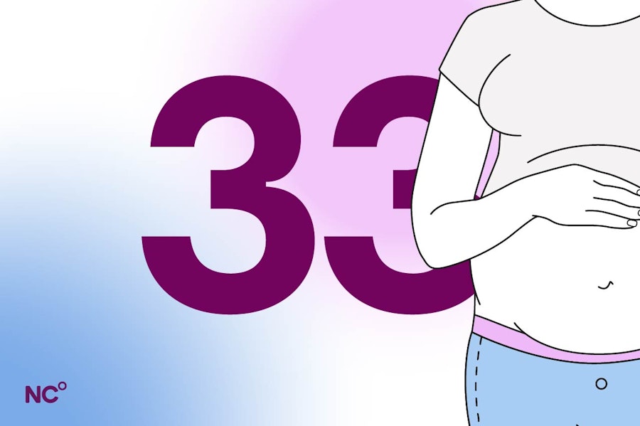 Illustration of a pregnant belly with the numbers 33