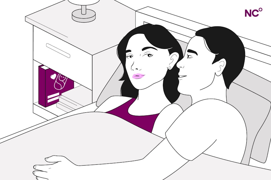 Illustration of a woman and man lying in bed under the covers