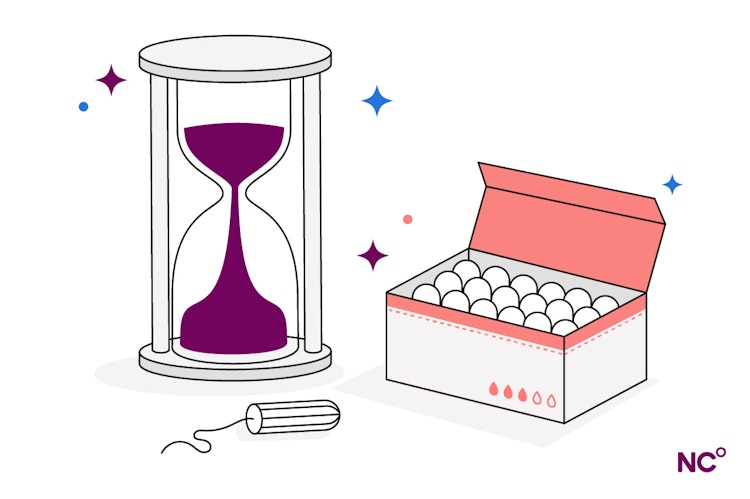 Illustration showing an hourglass and a box of tampons