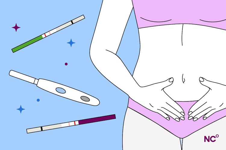 Illustration of a person from the neck down holding their abdomen next to ovulation tests and pregnancy tests