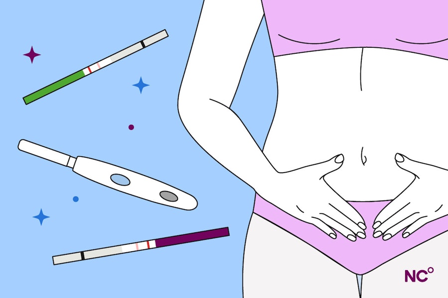 Illustration of a person from the neck down holding their abdomen next to ovulation tests and pregnancy tests