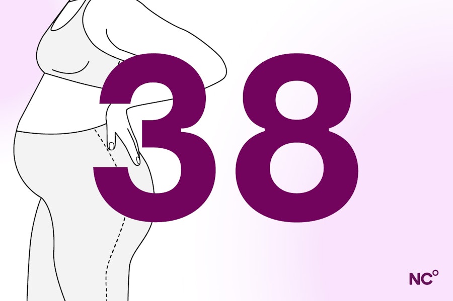 Illustration of a pregnant person in yoga pants standing next to the number 38