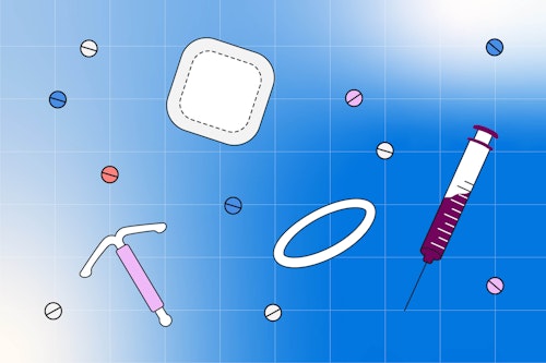 Illustrations of different hormonal birth control options on a blue background