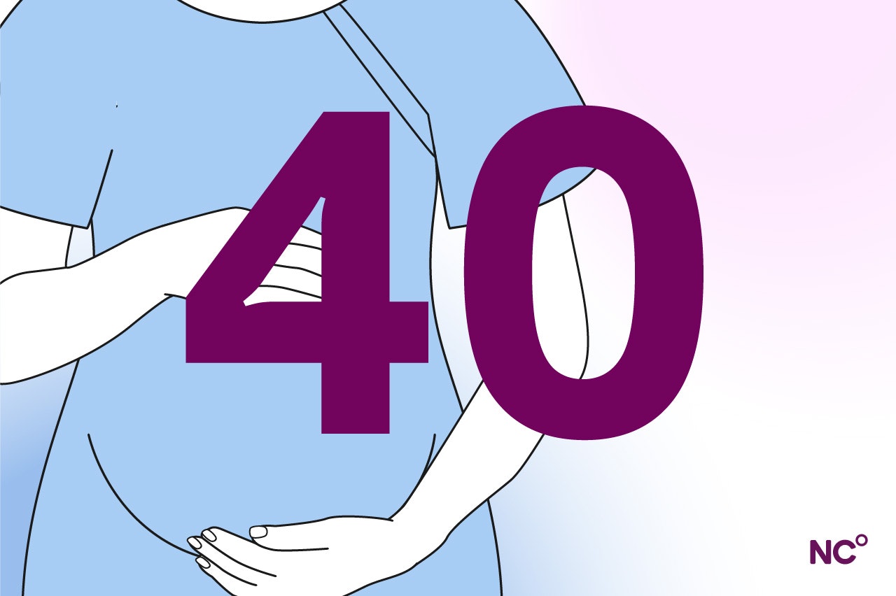 Illustration of a pregnant person in a hospital gown with the number 40