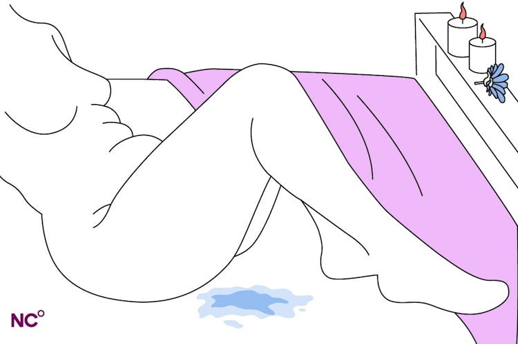 Illusatration of a man on a bed with a pool of wetness beside her