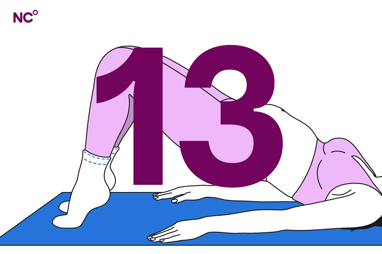 Illustration of a pregnant person on a yoga mat doing the bridge position with the number 13 in the foreground