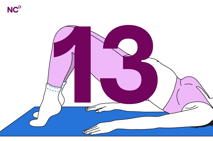 Illustration of a pregnant person on a yoga mat doing the bridge position with the number 13 in the foreground