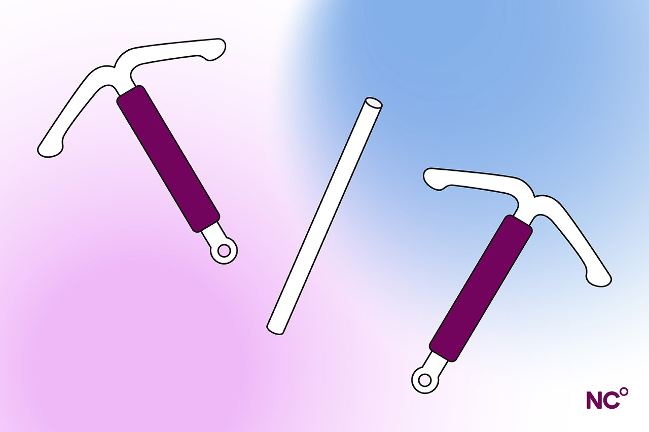 Illustration showing two floating T-shaped intrauterine devices, and a rod-shaped implant on a pink and blue gradient background with the NC° logo at the bottom