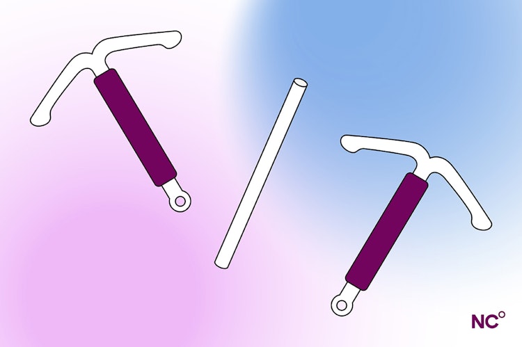 Illustration showing two floating T-shaped intrauterine devices, and a rod-shaped implant on a pink and blue gradient background with the NC° logo at the bottom