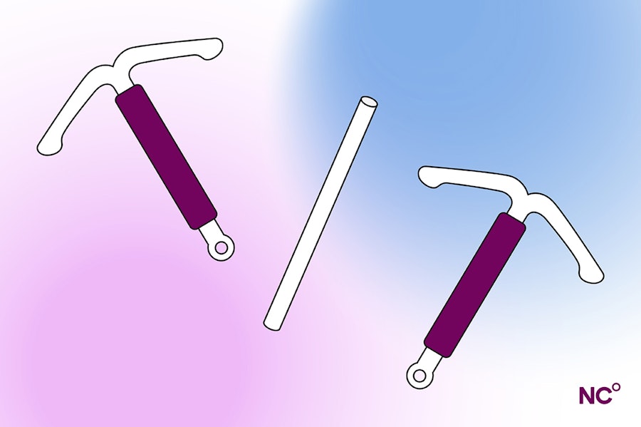Illustration showing two floating T-shaped intrauterine devices, and a rod-shaped implant on a pink and blue gradient background with the NC° logo at the bottom