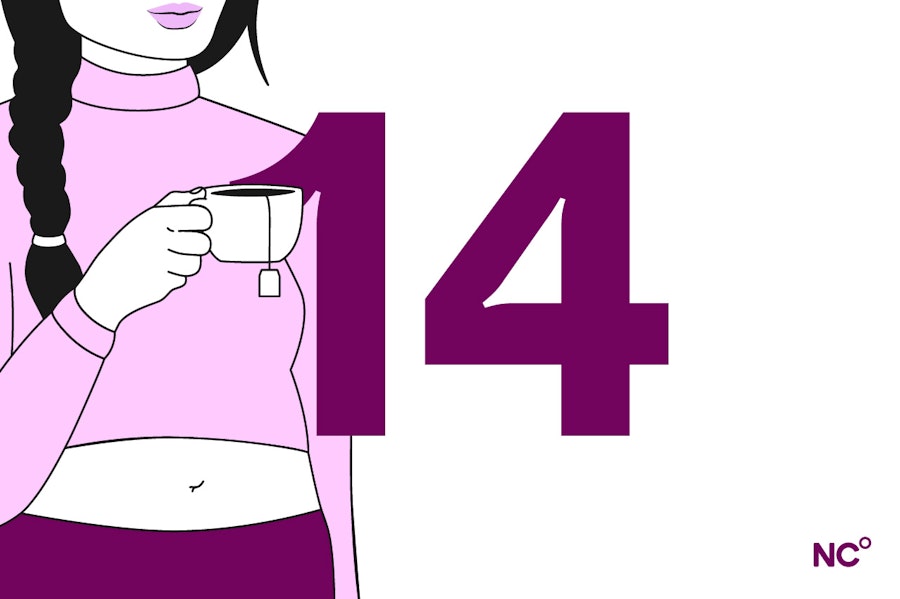 Illustration of a pregnant person with a small baby bump holding a cup of tea next to the number 14
