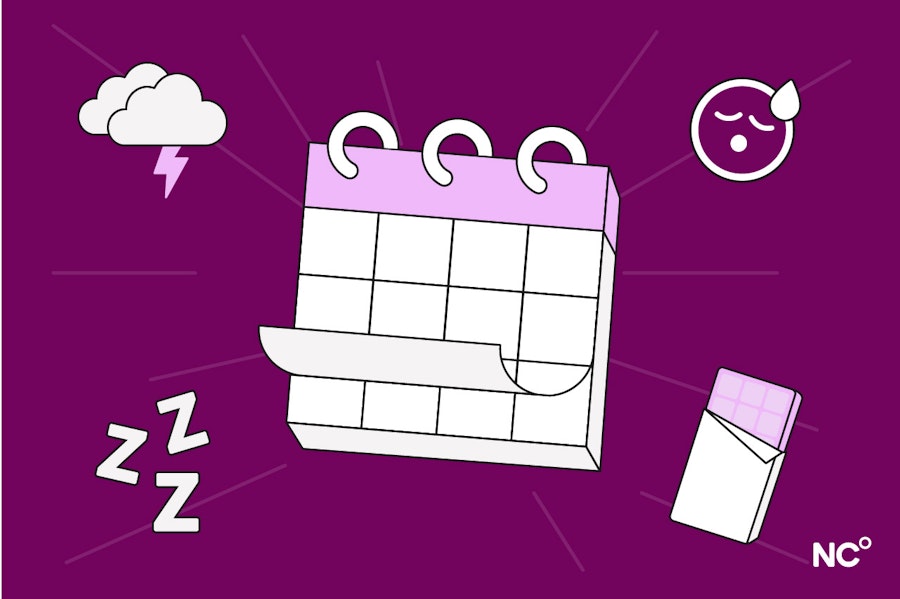 Illustration showing a calendar, surrounded with thunder clouds, floating Zs, a chococolate bar and an unhappy face