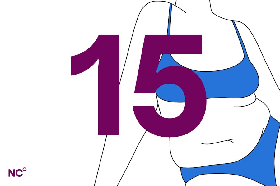 Illustration of a pregnant person from the neck down wearing blue underwear with the number 15