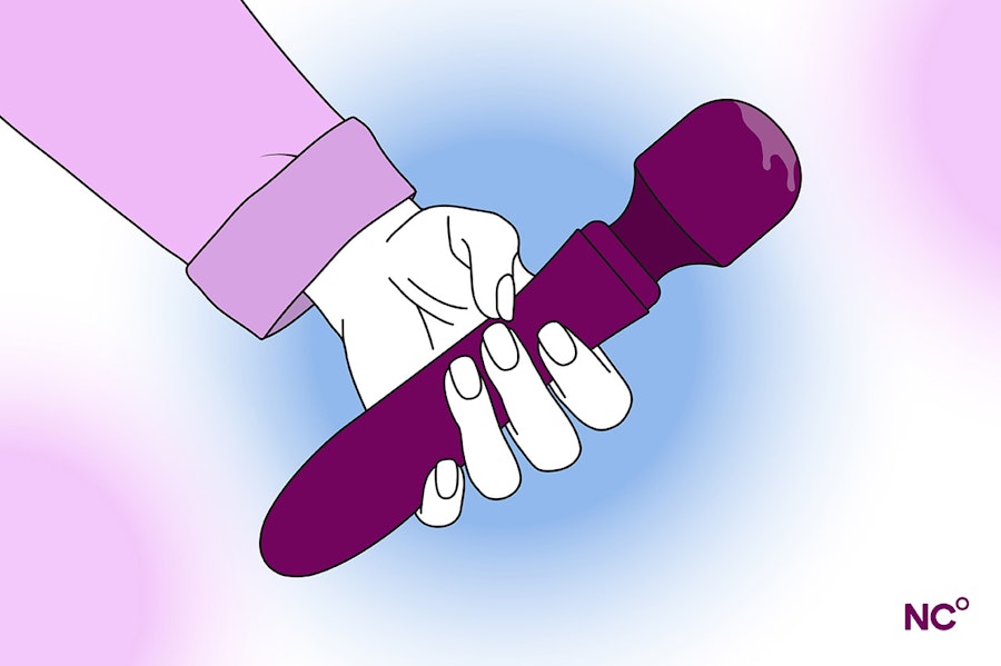 Illustration of a hand holding a purple sex toy