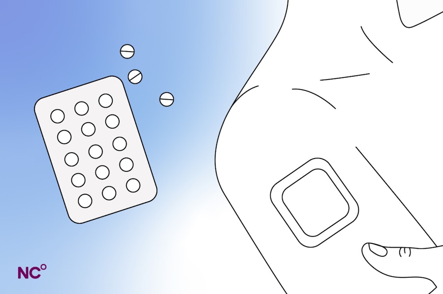Illistration of a person wearing the birth control patch with a packet of birth control pills floating to the side