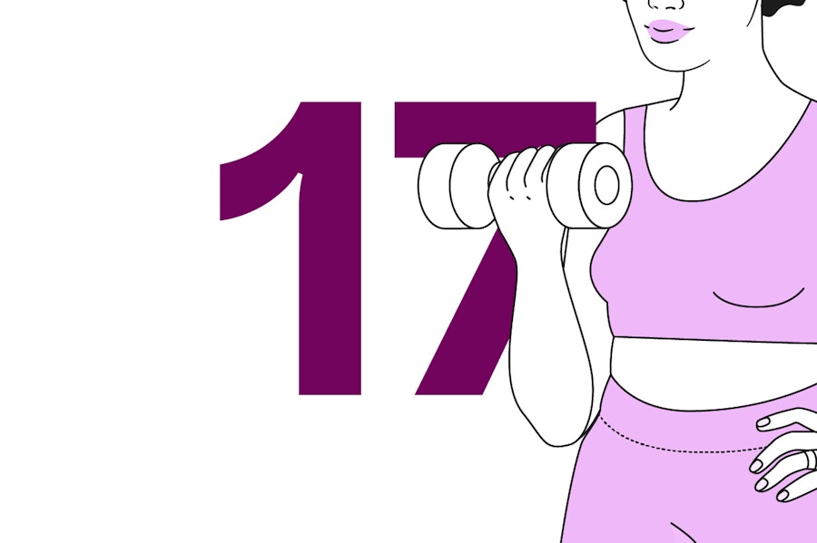 Illustration of a pregnant woman holding a weight next to the numbr 17