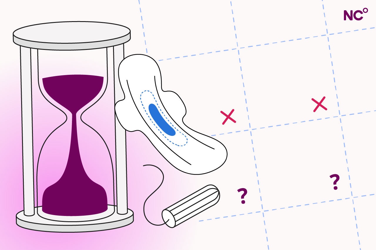 Illustration of an hourglass next to a calendar with a pad and a tampon