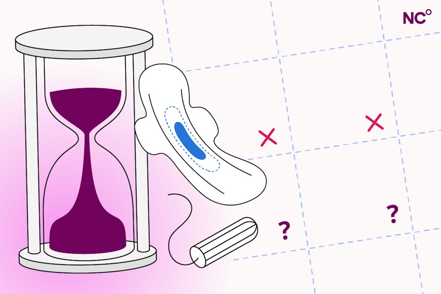 Illustration of an hourglass next to a calendar with a pad and a tampon