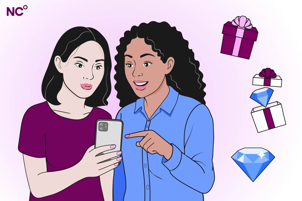 Illustration of two friends looking at a phone with gifts and gems circling around them