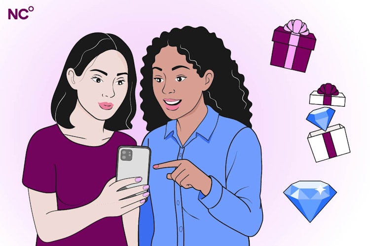 Illustration of two friends looking at a phone with gifts and gems circling around them