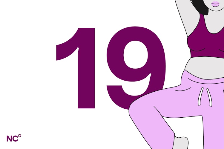 Image of a pregnant person stretching in sweatpants and a sports bra next to the number 19