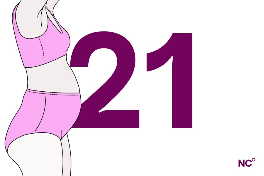 Illustration of a pregnant person in pink underwear next to the number 21 to the