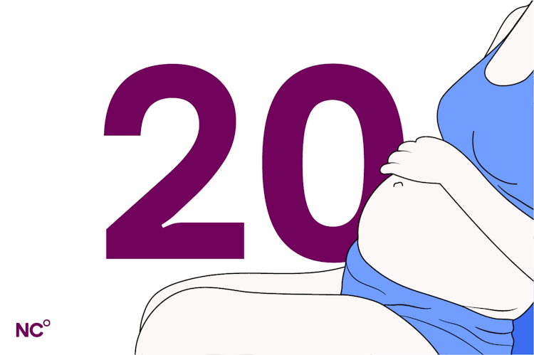 Illustration of a pregnant person wearing blue underwear sitting next to the number 20