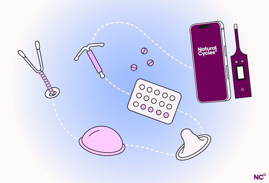 Different birth control methods connected by a dotted line, including a diaphragm, condom, pill packet, IUD and the Natural Cycles app with NC° Thermometer