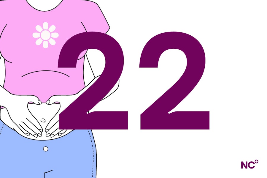 Illustration of a pregnant person in jeans and a pink t-shirt holding their belly next to the number 22