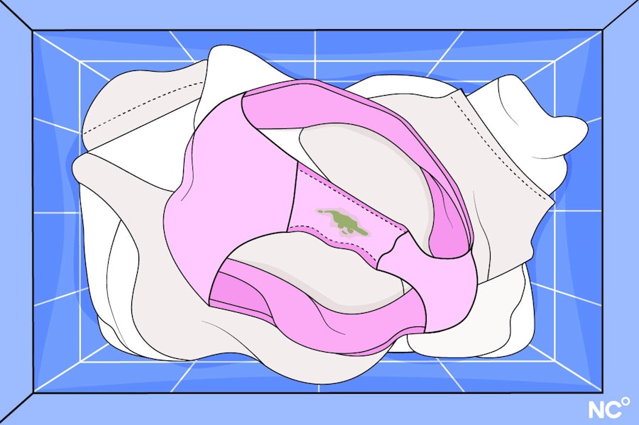 Illustration of green vaginal discharge in pink panties lying on top of other laundry
