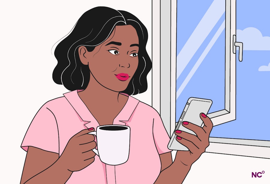 Illustration of a woman standing by the window holding a cup of coffee and looking at her phone