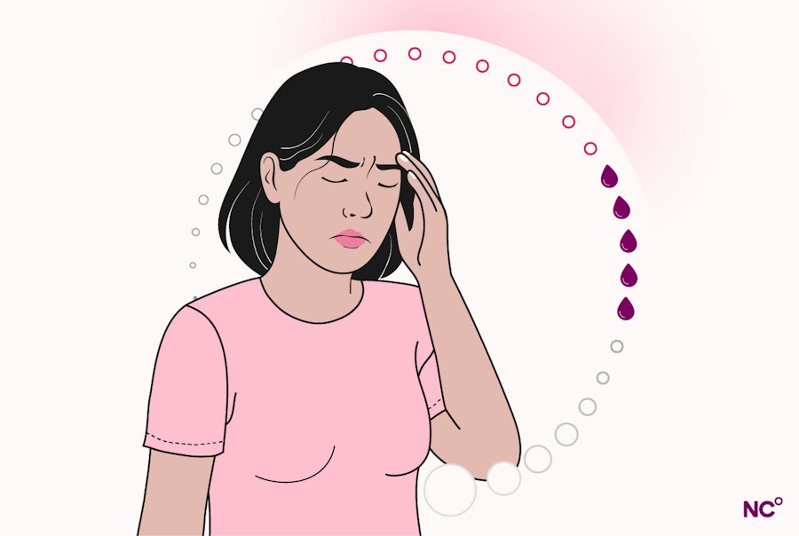 Illustration of a woman touching her forehead, infront of circle that symbolises the menstrual cycle
