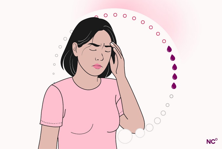 Illustration of a woman touching her forehead, infront of circle that symbolises the menstrual cycle