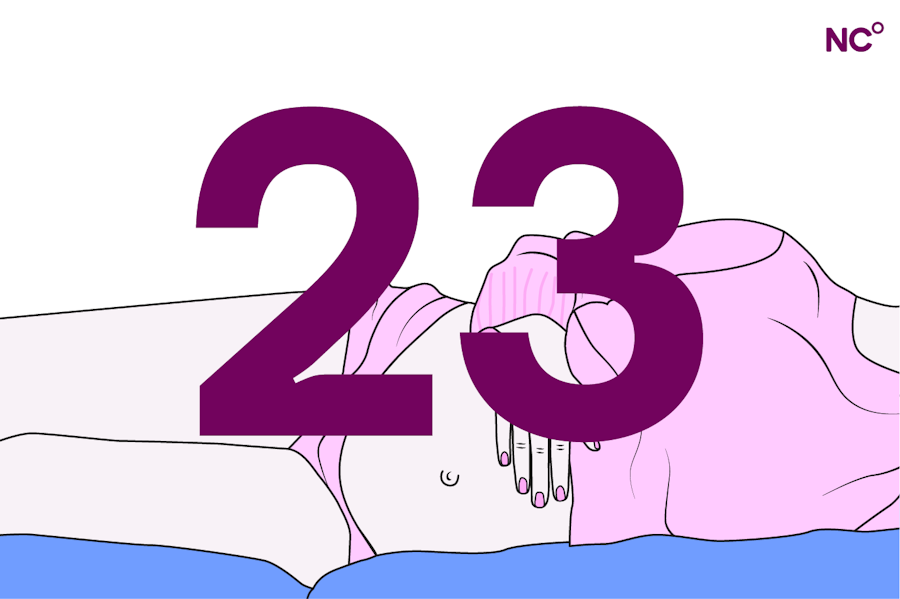 Illustration of a pregnant person lying on their side in bed holding their bump next the the number 23