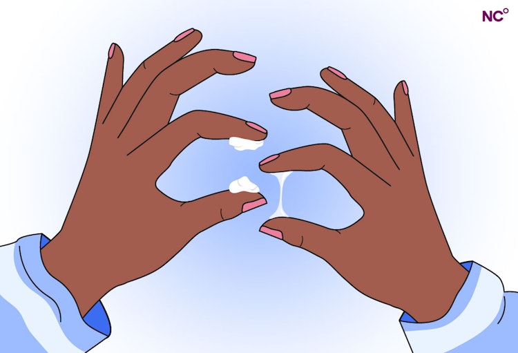 Illustration showing a pair of hands with creamy and egg white cervical mucus stretched between the fingers
