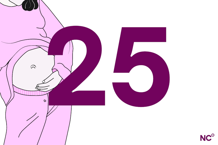 Illustration of a pregnant person in loungewear next to the number 25