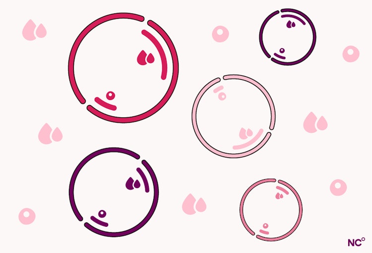 Illustration showing different cycle lengths with blood droplets depicting periods