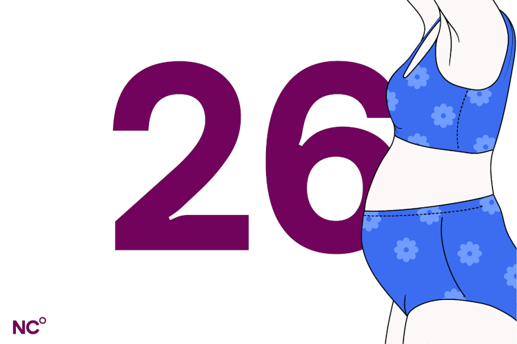 Illustration of a pregnant person in their underwear next to the number 26