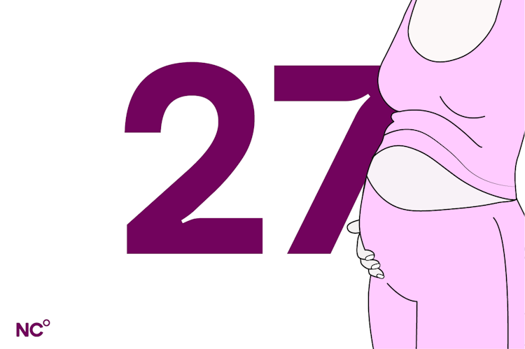 Illustration of a pregnant person in comfy clothes standing next to the number 27