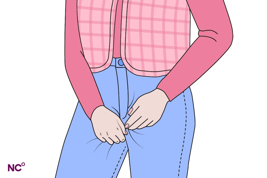 Illustration of a person from the shoulders down itching themselves through their jeans