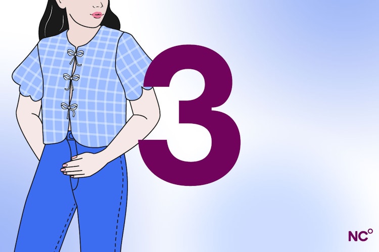 illustration of a woman wearing a blue checked shirt and jeans standing next to a number 3