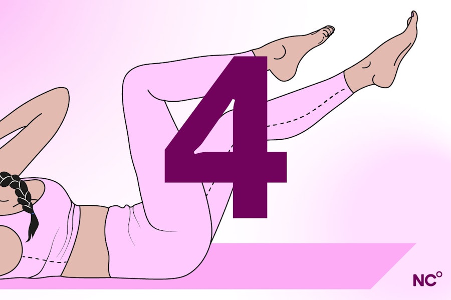 Illustration of a woman on her back on a yoga mat with her legs in the air next to the number 4